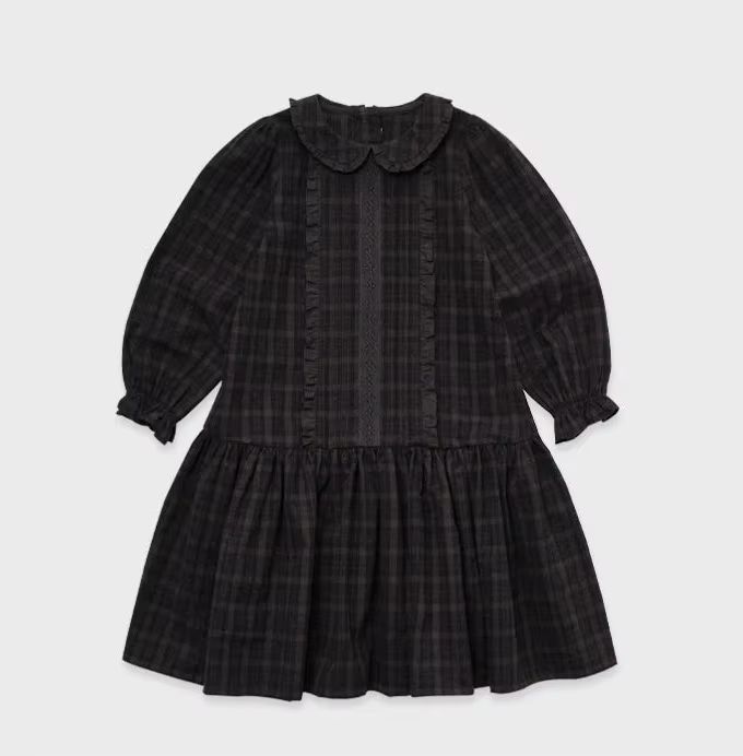 Girls' Black Plaid Long-Sleeve Dress