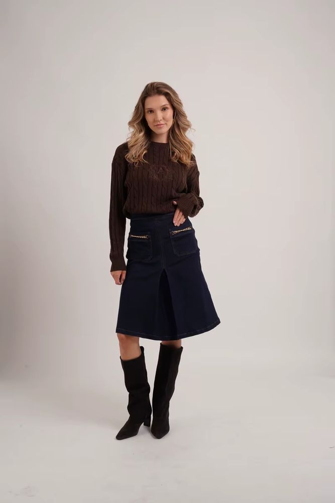 Denim Chain-Pocket Midi Skirt – Dark Blue