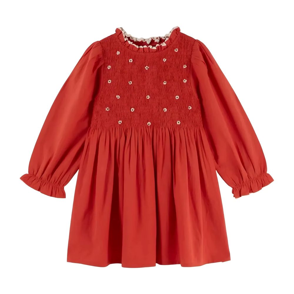 Girls' Red Embroidered Long-Sleeve Dress