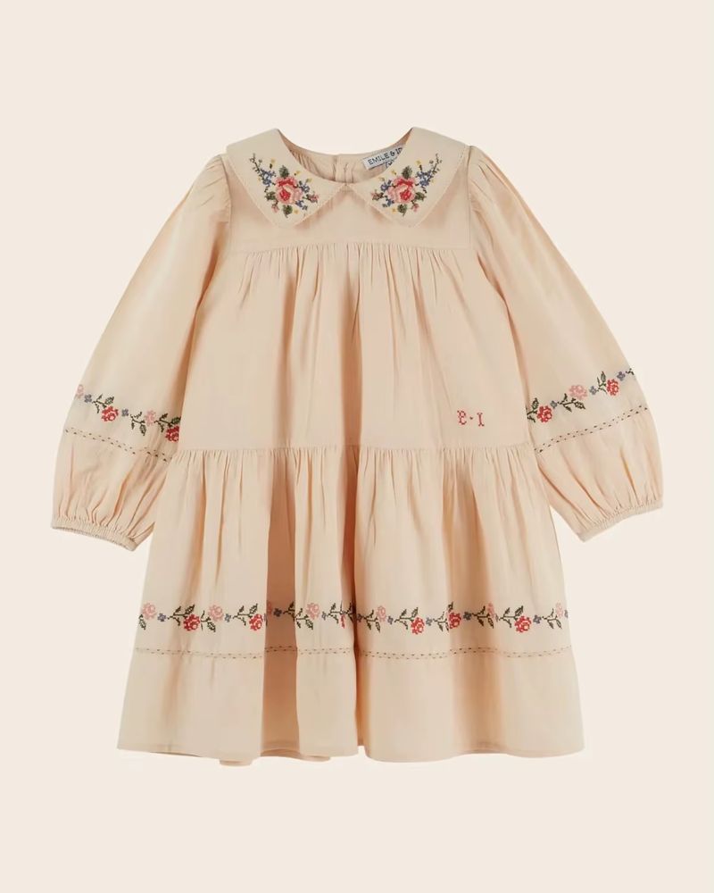 Girls' Cream Embroidered Long-Sleeve Dress
