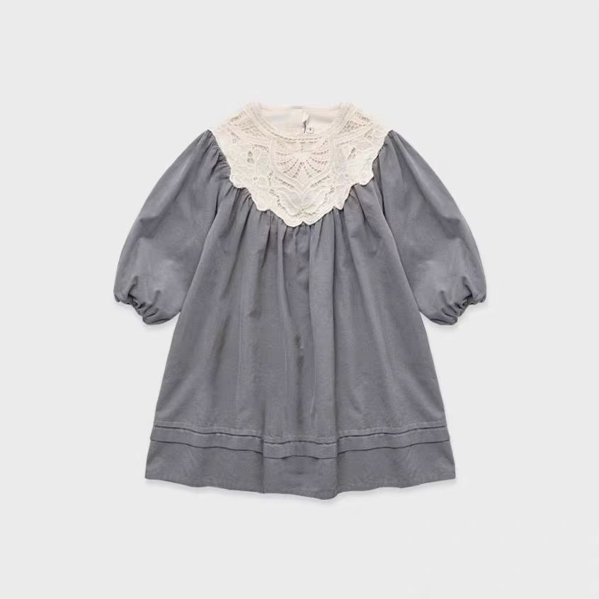 Girls' Grey Puff-Sleeve Collar Dress