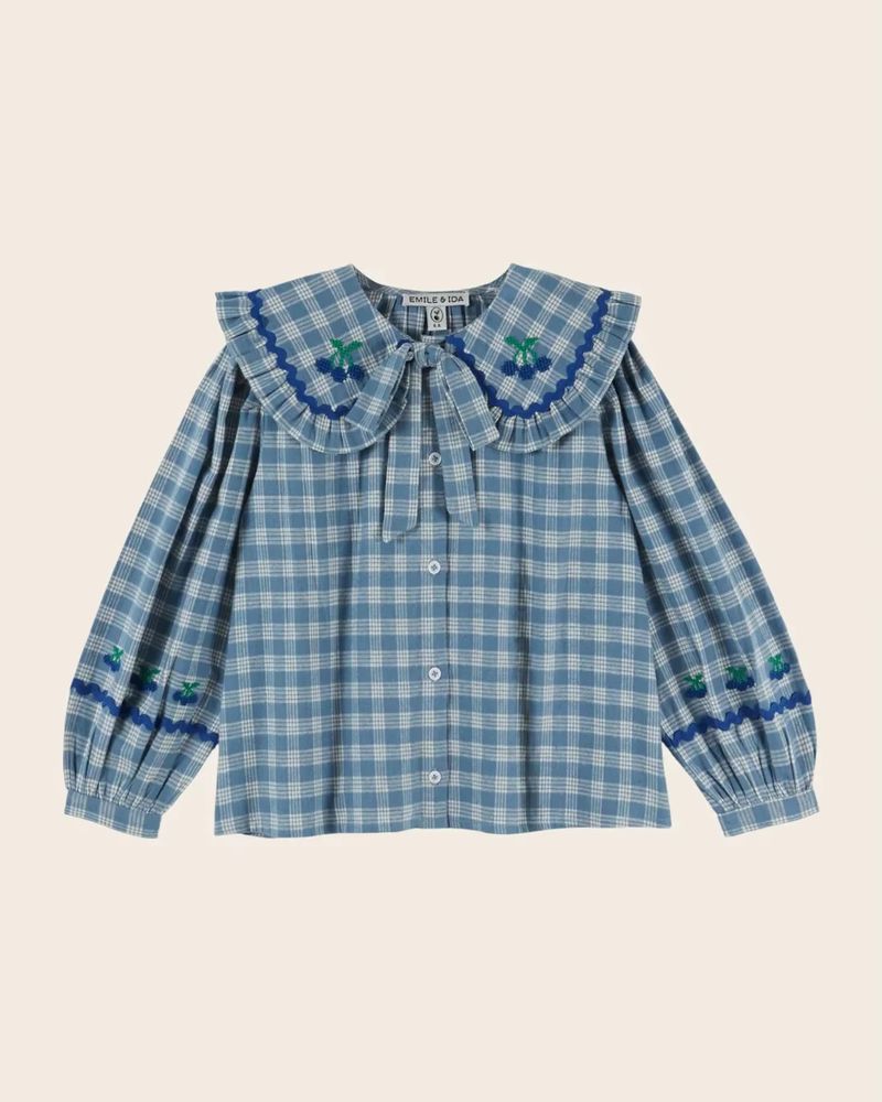 Girls' Blue Check Ruffle-Collar Blouse