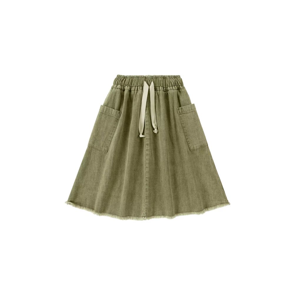 Washed Green Denim Fringe Collection – Knee Length Skirt