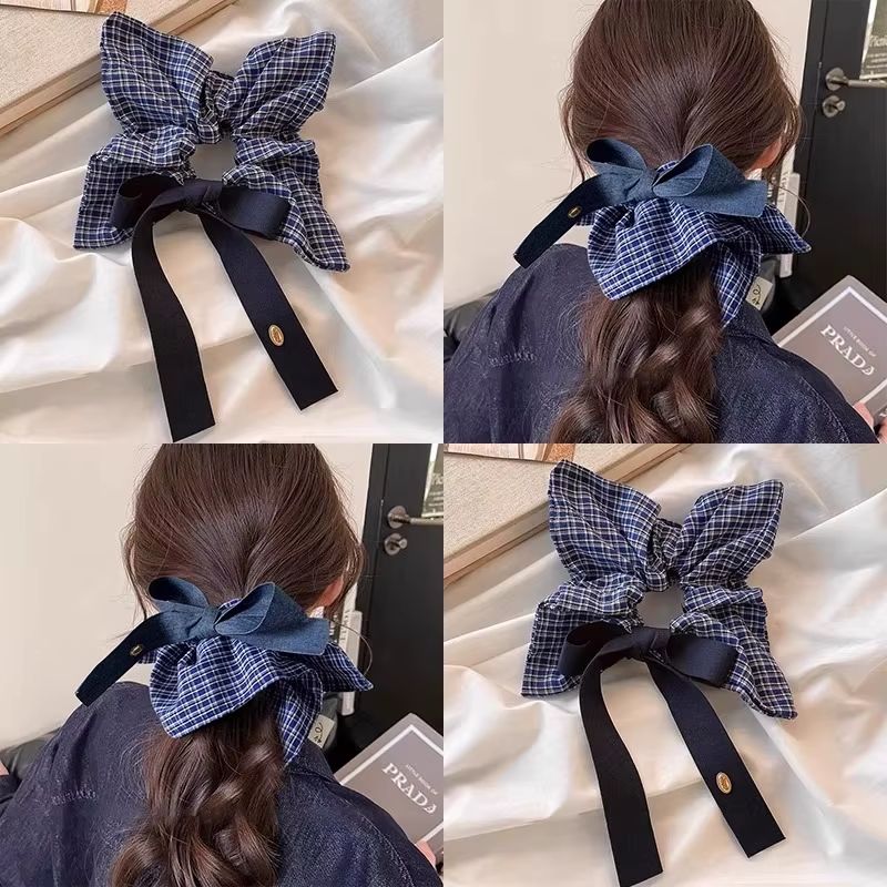 Korean Vintage Square Plaid Bow Ribbon Scrunchie Hair Ornament