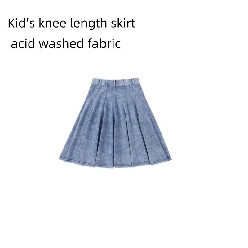Panel Pleated Washed Denim – Kids Blue Skirt