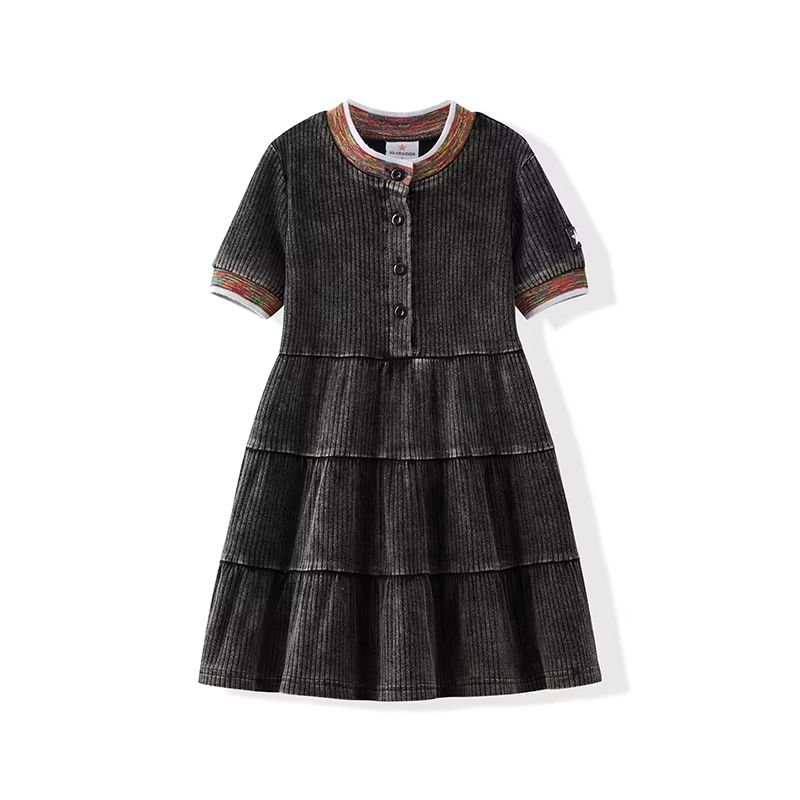 Ribbed Washed Denim Dress – Short Sleeve Dress