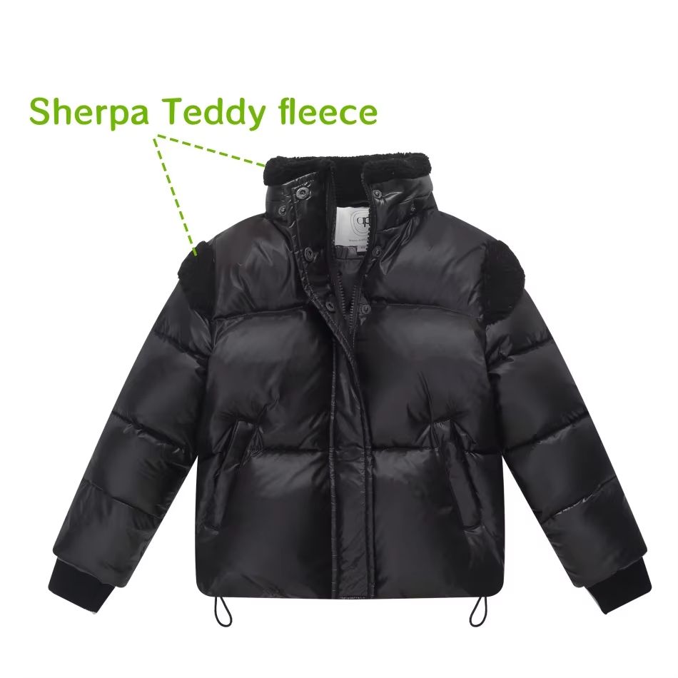 Black Sherpa Teddy Down Coat – No Hood