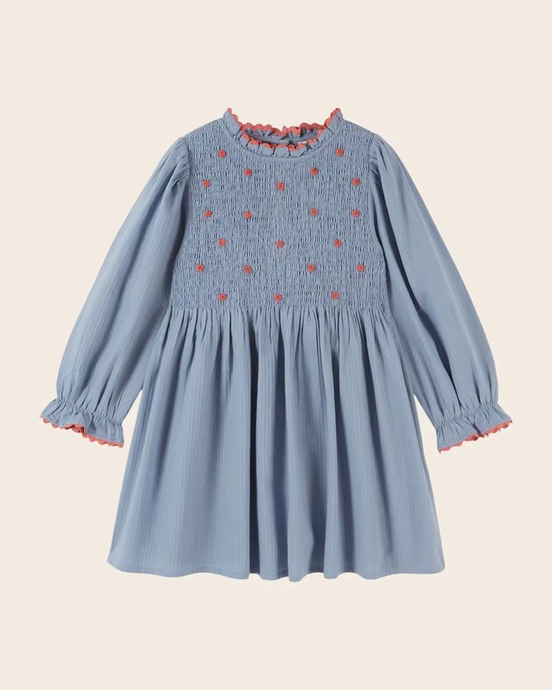 Girls' Blue Embroidered Long-Sleeve Dress