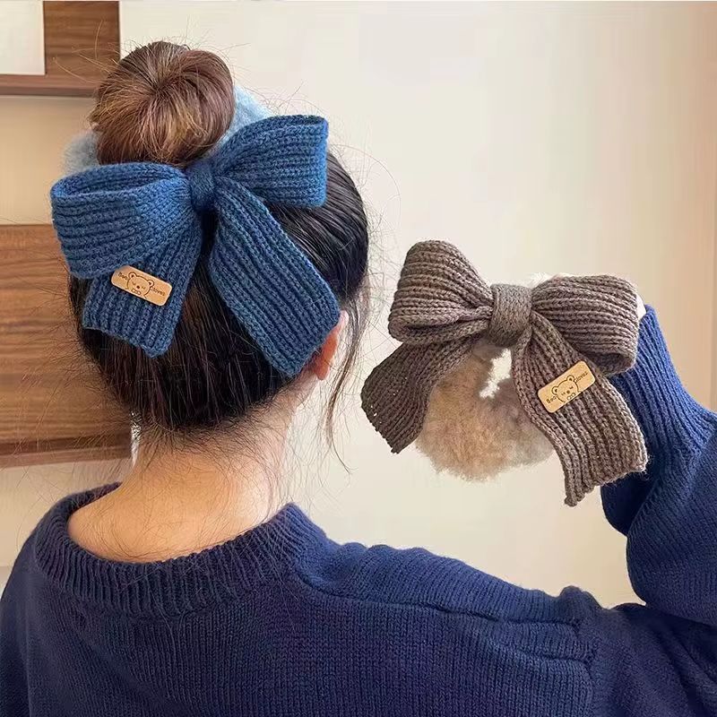 Knitted Lamb Wool Bow Hair Rings - Solid Boho