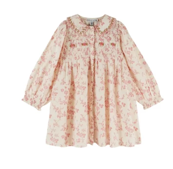 Girls' Cream Pink-Floral Long-Sleeve Dress
