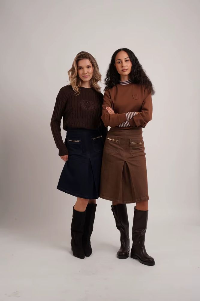 Denim Chain-Pocket Midi Skirt – Brown