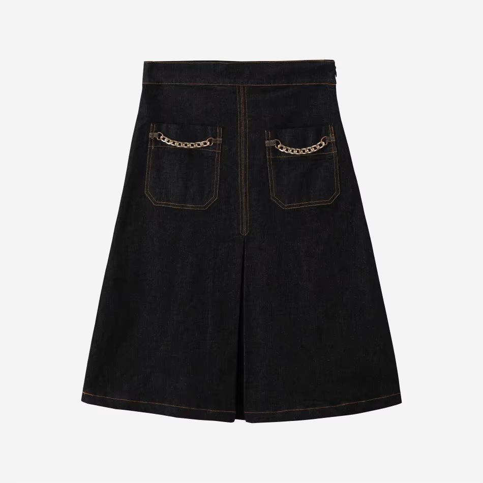 Denim Chain-Pocket Midi Skirt – Black – Ali Specials AW26
