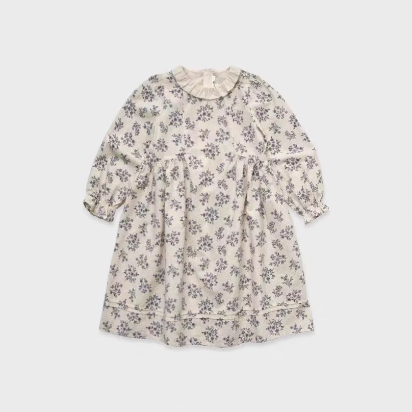 Girls' Cream Grey-Floral Long-Sleeve Dress