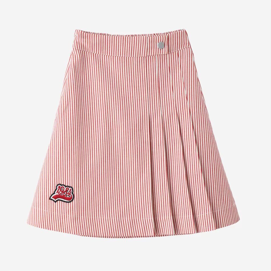 Pinstripe Denim Collection – Red Pleat Skirts