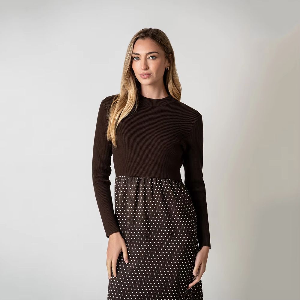 Brown Polka Dot Satin Patchwork Dress