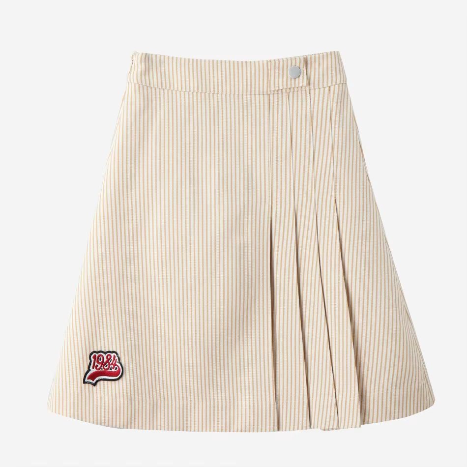 Pinstripe Denim Collection – Beige Pleat Skirts