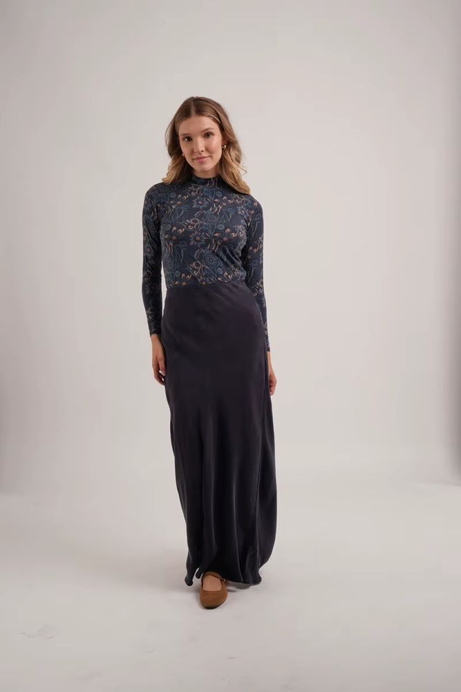 Cupro Skirt Collection – Navy Print Mockneck