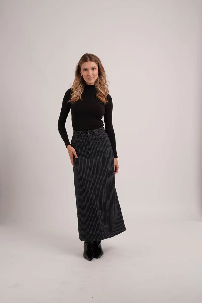 Black Pinstripe Denim Skirt – Black