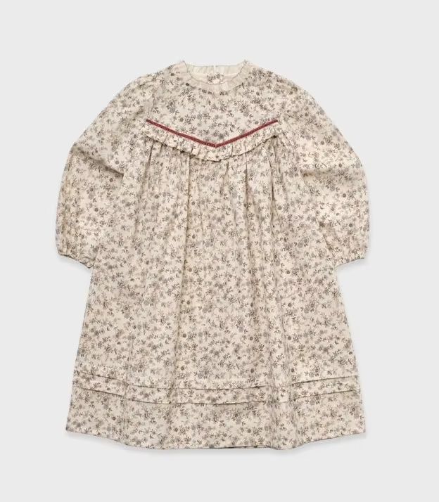 Girls' Cream Floral Puff-Sleeve Dress