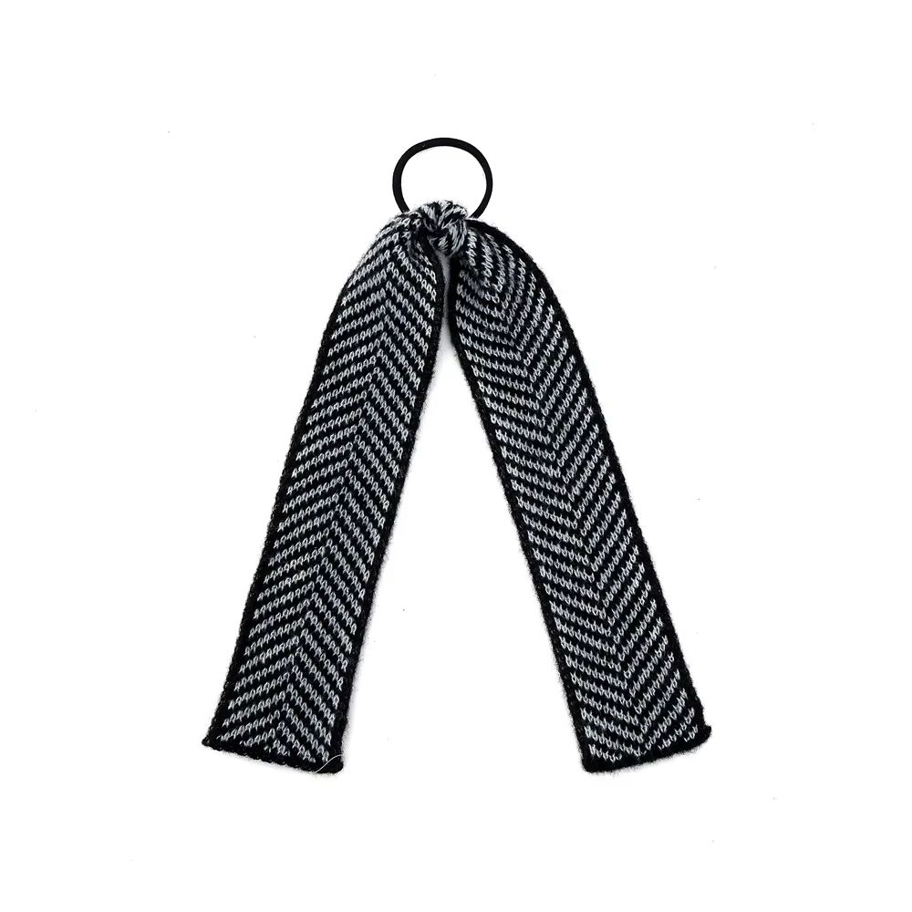 Checkered Knit Headband Ponytail Bow