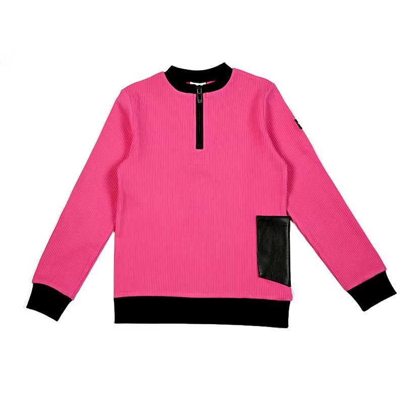 Leather Pocket Ribbed Collection – Pink Long Shirt