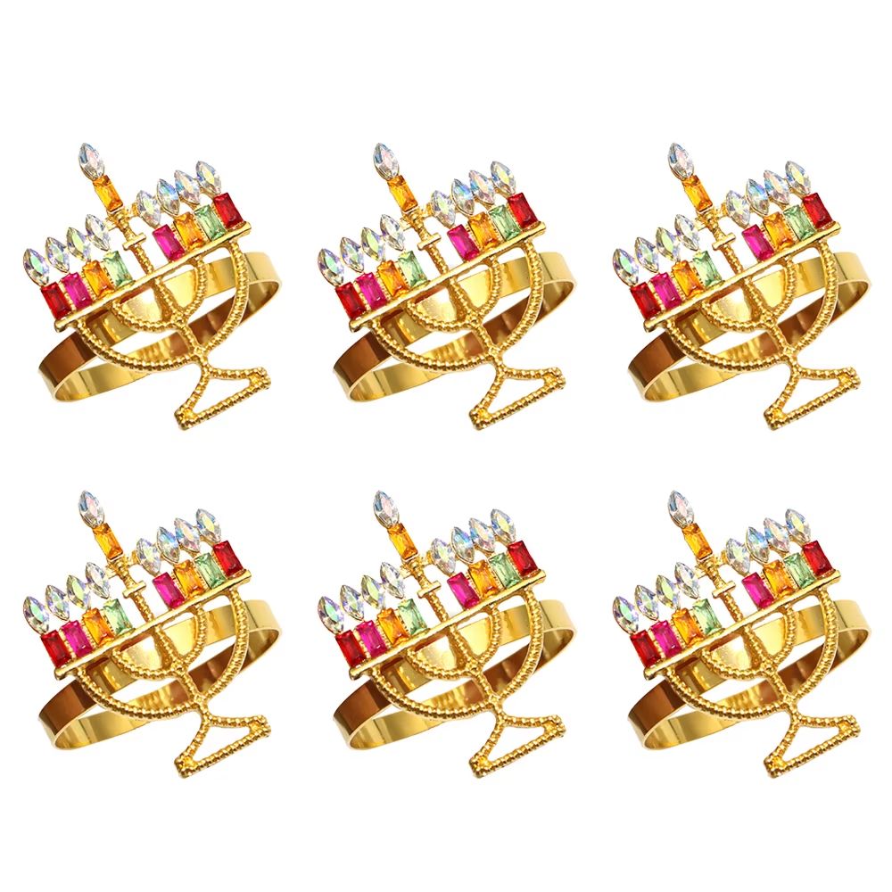 Gold menorah napkin rings for a Chanukah table setting