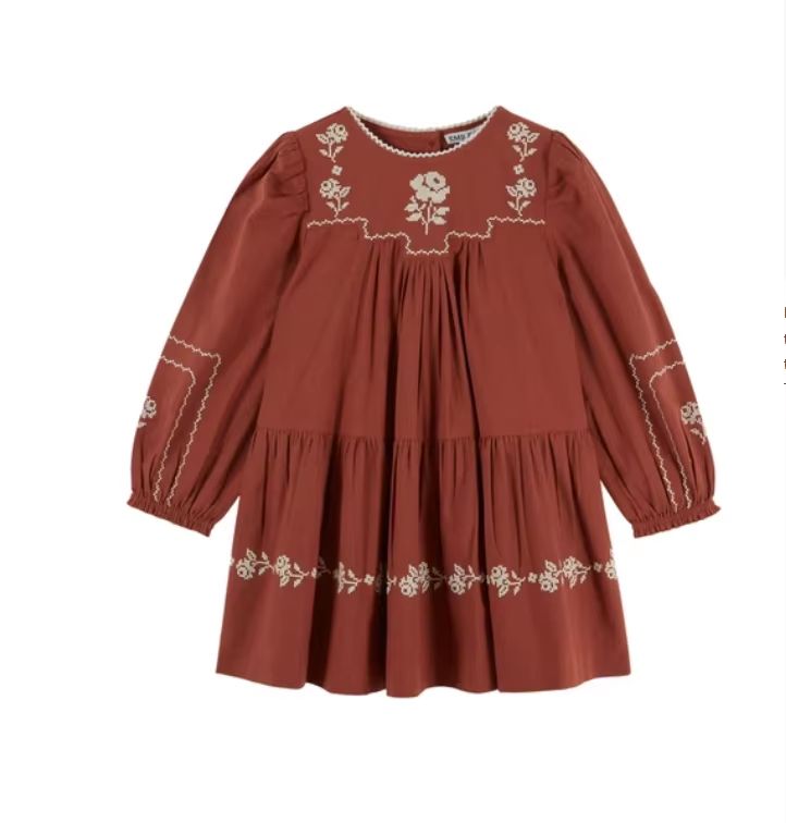Girls' Rust Embroidered Long-Sleeve Dress